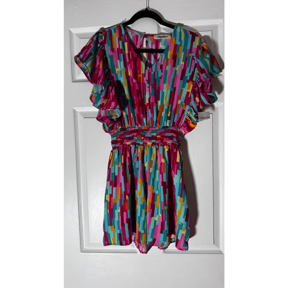 Women's Haptics Fuchsia Teal Smocking Waist Shorts Romper L - Picture 4 of 6